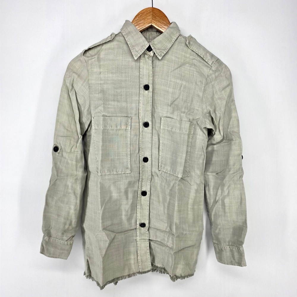 Zara Button Down Shirt Womens XS Sage Green Utility Lyocell Frayed Hem 8729
